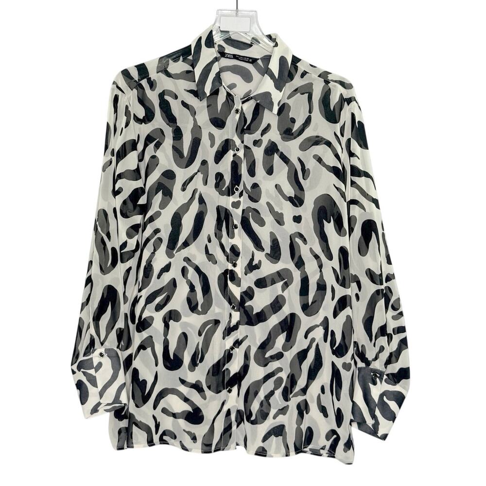 Zara Animal Print Sheer Button Front Shirt L Black Beige Chiffon Flowy
